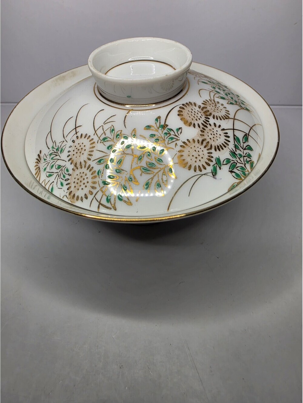 Vintage Japanese Kutani Gyokudo Lidded Rice Bowl Gold Green Chrysanthemum Signed
